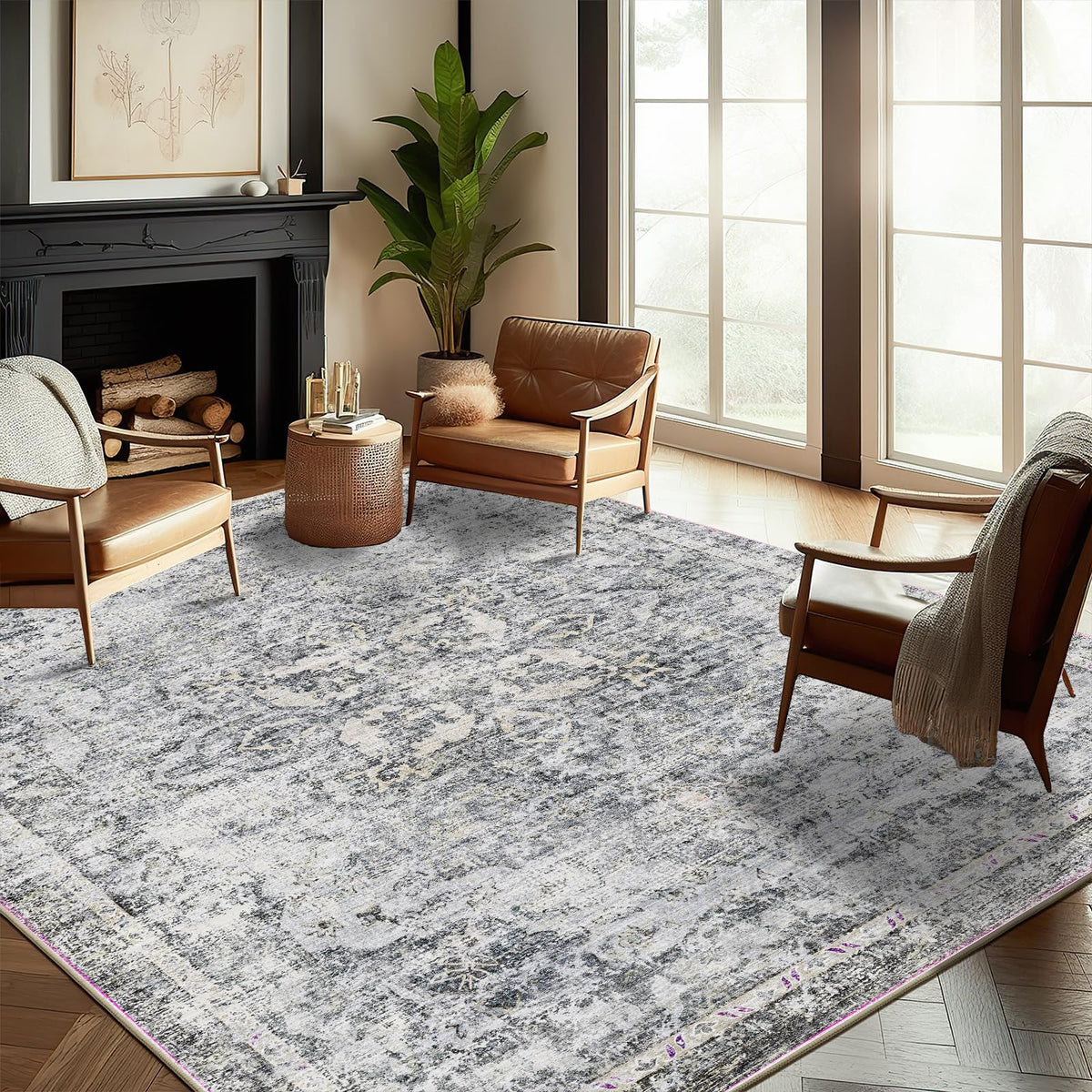 CHAMPLANT 6'x9' Washable Vintage Area Rug Boho Chic Medallion Distressed Design Non-Shedding Easy Care Ideal for High Traffic Areas in Living Room Bedroom Kitchen Office Large Carpet