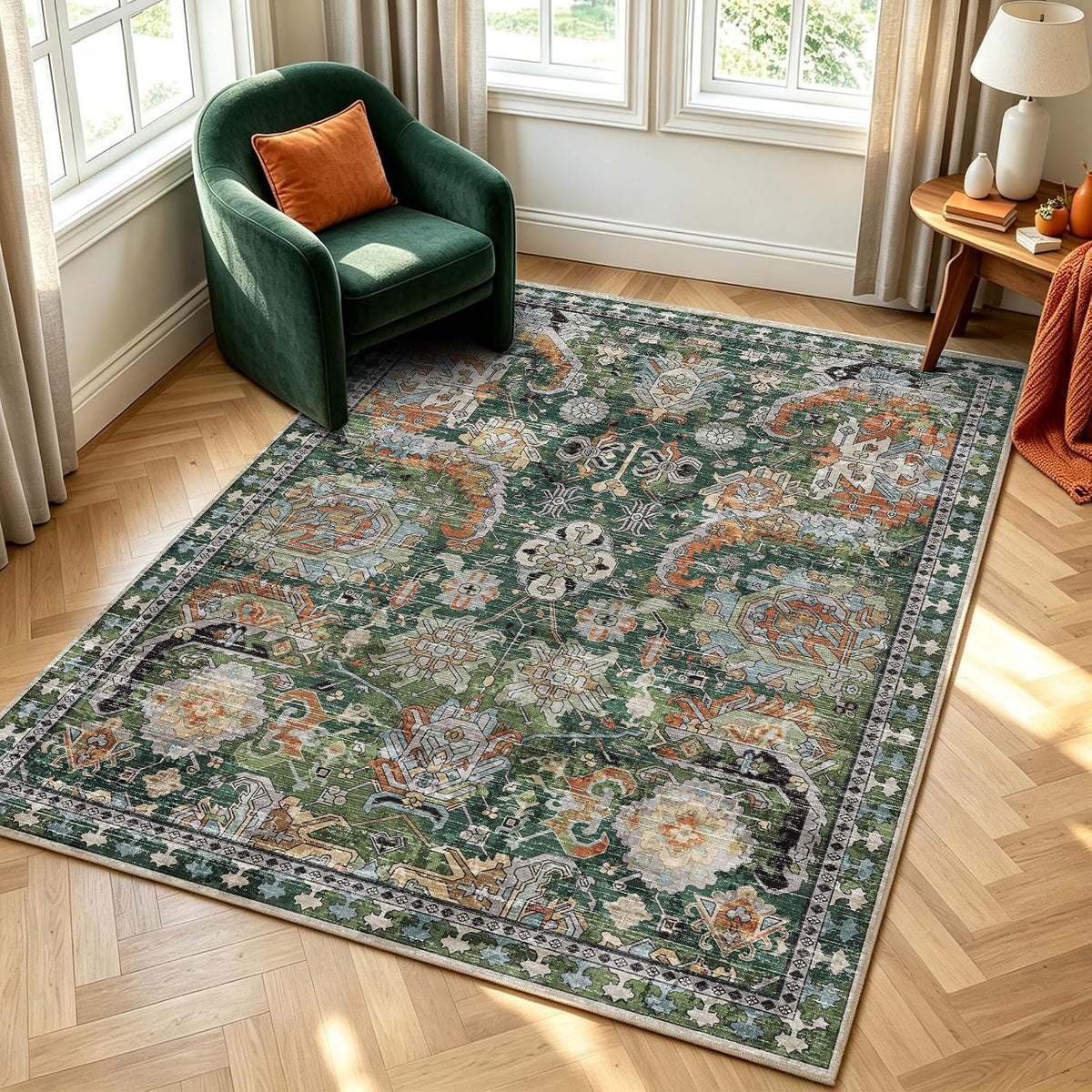 RUGSURE Washable Area Rugs - Perfect for Living Room, Bedroom, Kids Room, Nursery - Stain & Water Resistant Non-Slip, Pet & Child Friendly, Vintage Tribal Area Rugs (Green, 5' x 7')