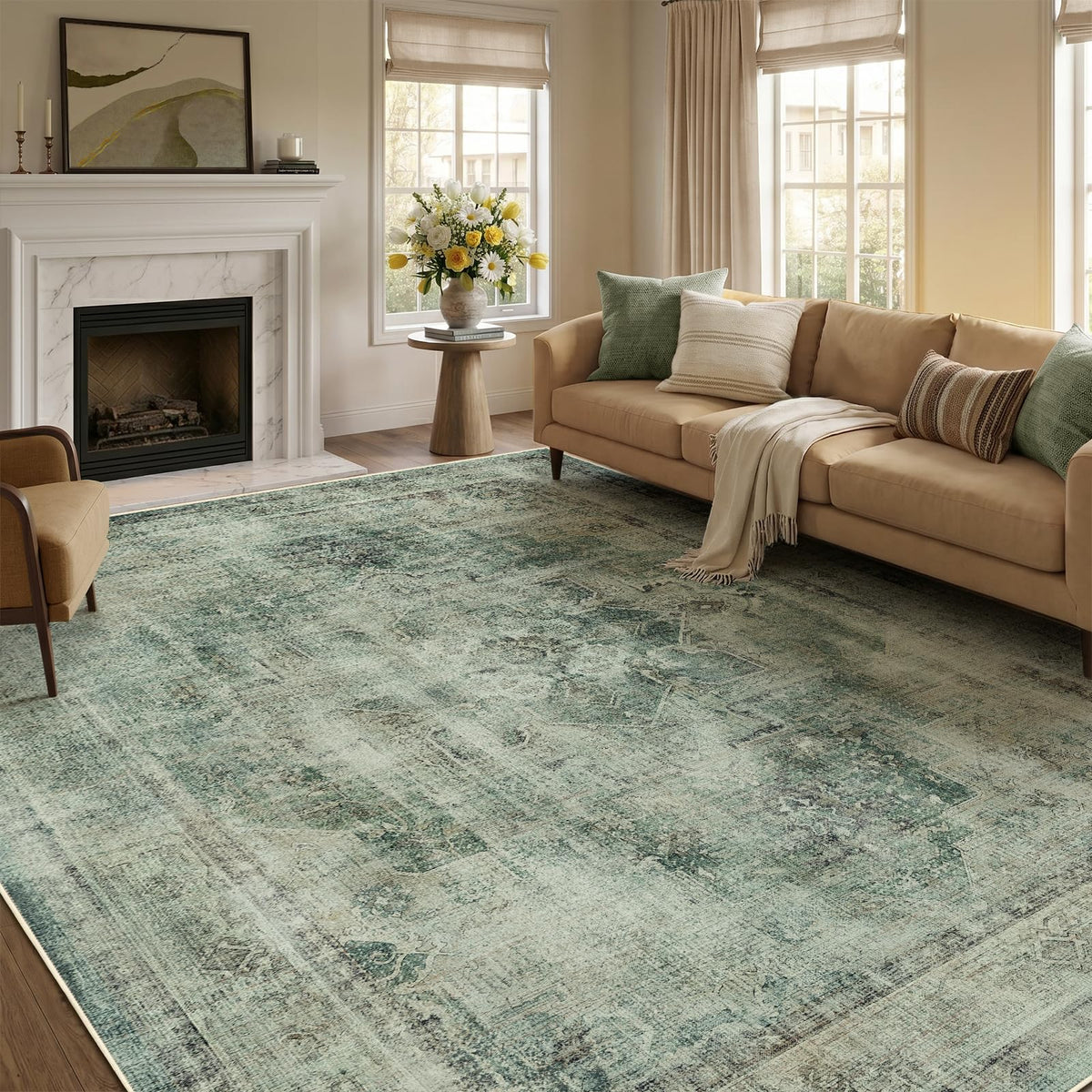 Vintage Dark Green Area Rugs 5x7 for Living Room, Tranditional Distressed Medallion Printed Low Pile Thin Rugs for Bedroom, Non Slip Washable Carpet Rugs for Dining Room/Kitchen/Home Office