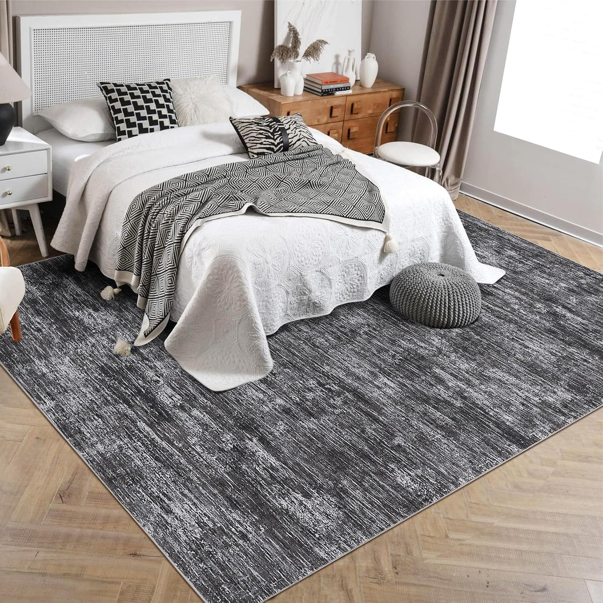 RUGSREAL Bedroom Area Rug 4x6 Modern Abstract Area Rug Stain Resistant Small Living Room Rug Contemporary Dining Room Rug Non-Slip Solid Rug Aesthetic Accent Floor Carpet for Kitchen Office, Dark Grey