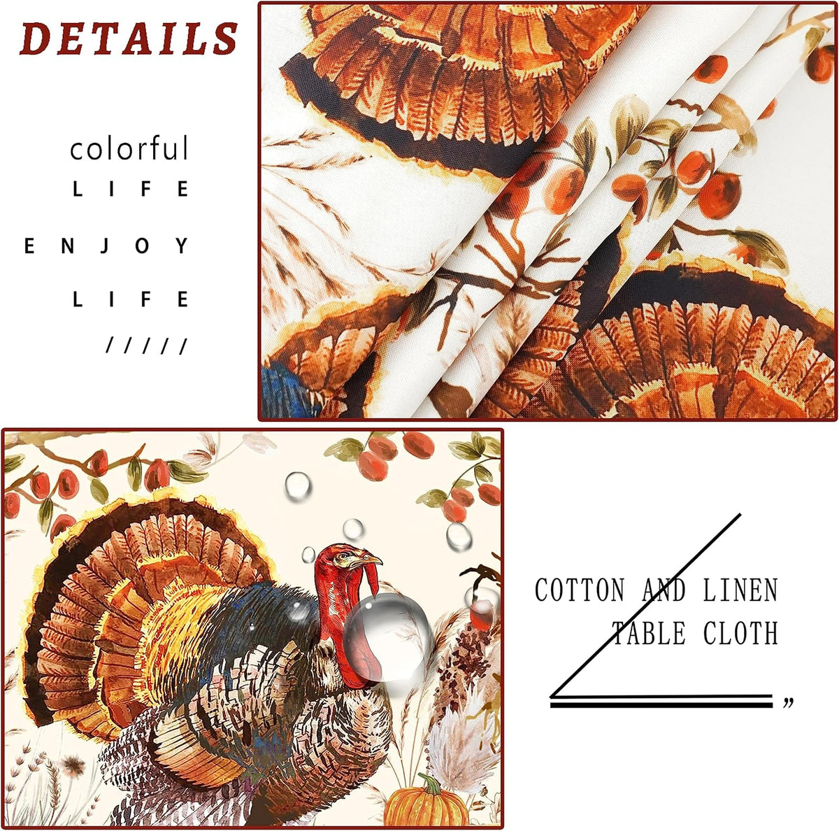 Fall Thanksgiving Double Border Decoration Tablecloth, Turkey & Pumpkin Harvest Tablecloths, Waterproof Table Cover for Dinner Kitchen Party Holiday Decorations Oval 54 x 72 Inch