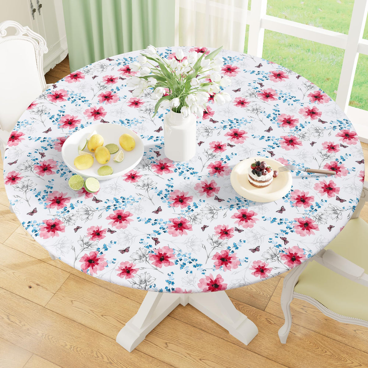 misaya Round Fitted Tablecloth with Elastic Edge, 100% Waterproof Oil Proof Plastic Table Cover, Vinyl Flannel Backed Tablecloth Fits 36"-44" Round Tables for Dinner, Outdoor, Picnic, Flowers