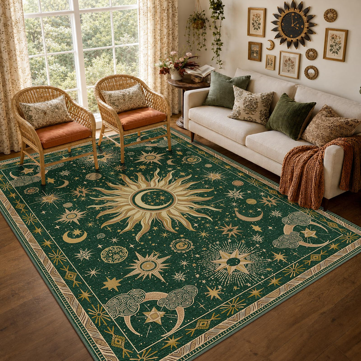 Vacuum-Friendly, 5x7 Washable Area Rug, Black Gold Beige Red