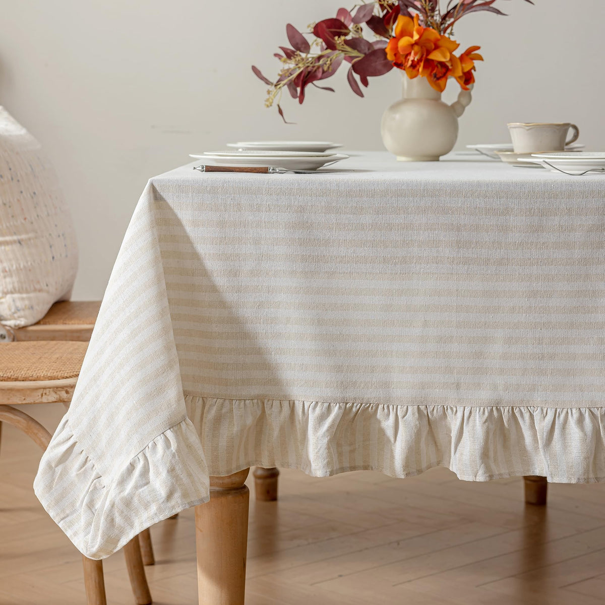 Striped Cotton Blend Tablecloth Ruffled Table Cloth Blue, 60"×120"