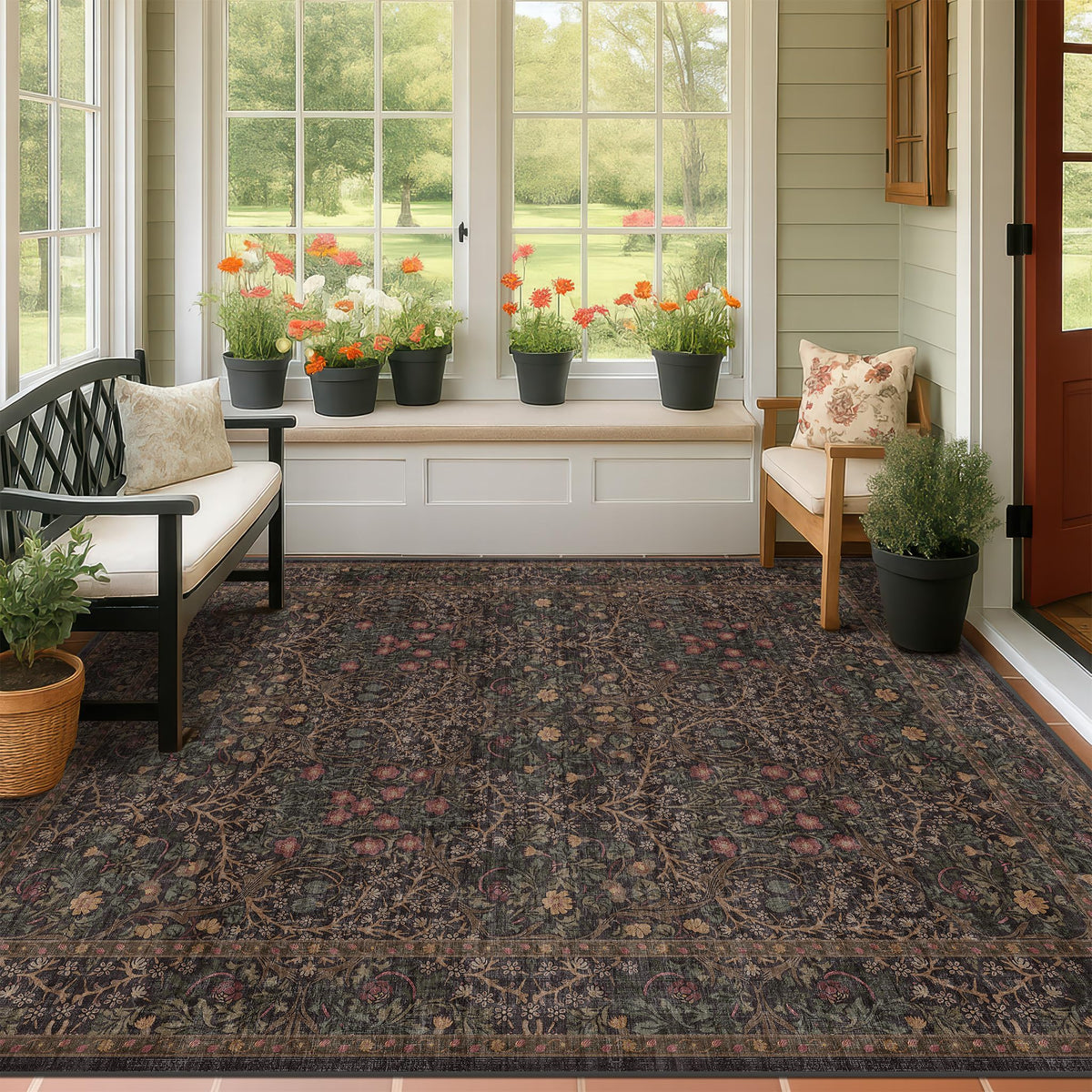Vintage Floral Dark Green 3x5 Area Rugs for Entryway, Kitchen, Bedroom Beside Rug, Laundry Room, Non-Slip Low Pile Ultra Soft Stain Resistant Small Carpet