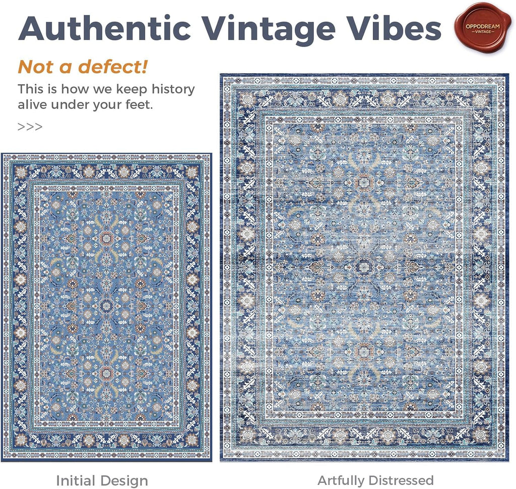 OPPODREAM Vintage Blue Area Rugs 5x7, Washable Rug for Living Room