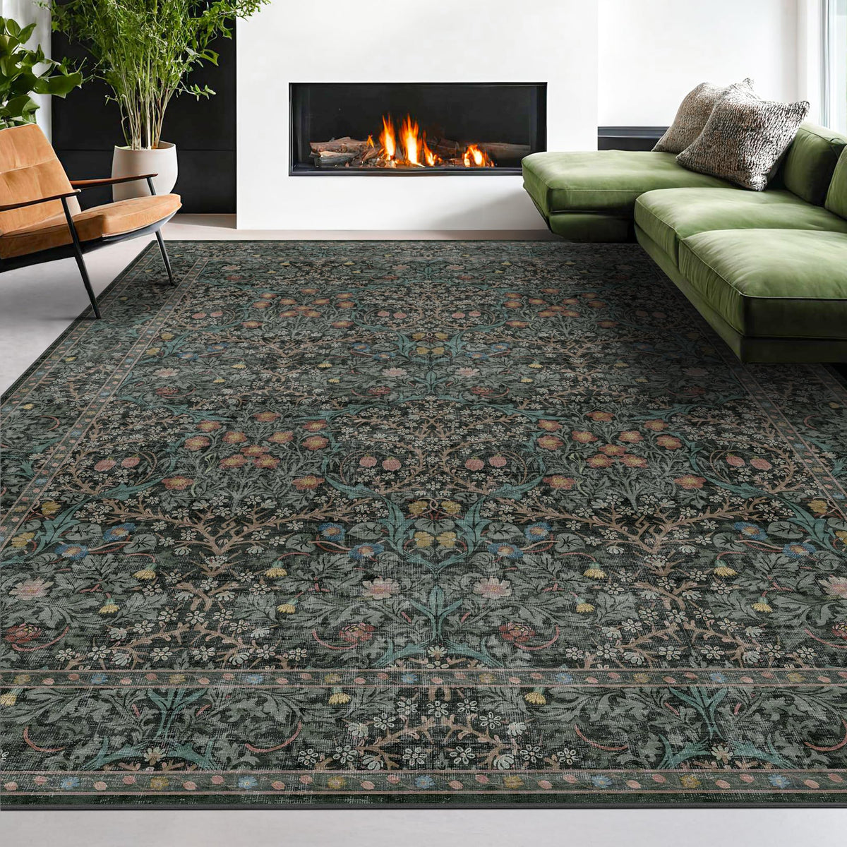 Vintage Floral Dark Green 3x5 Area Rugs for Entryway, Kitchen, Bedroom Beside Rug, Laundry Room, Non-Slip Low Pile Ultra Soft Stain Resistant Small Carpet