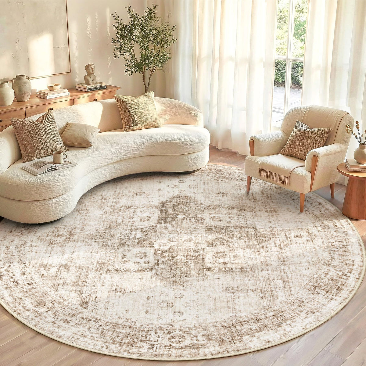 Area Rug 8x10 Washable Rug, Vintage Boho Medallion Rugs Non-Slip Soft Low Pile Large Distressed Rug Indoor Retro Carpet for Living Room Bedroom Dining Room Office Children's Room(Beige, 8'x10')