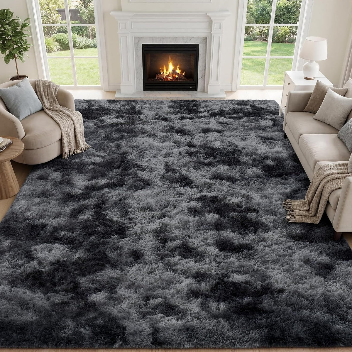 PLHXFR 8x10 Area Rugs Living Room: Fluffy Bedroom Soft Shag Rug Black Grey