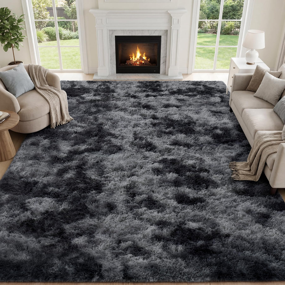 PLHXFR 8x10 Area Rugs Living Room: Fluffy Bedroom Soft Shag Rug Black Grey