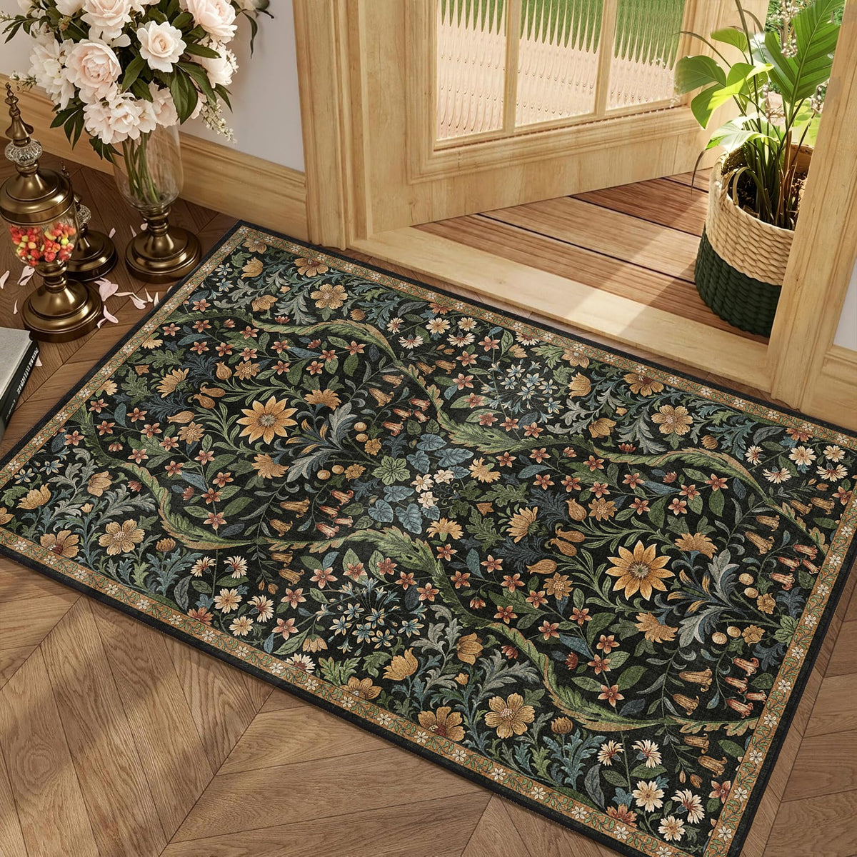 Floral Area Rug 5x7 Botanical Washable Carpet for Living Room
