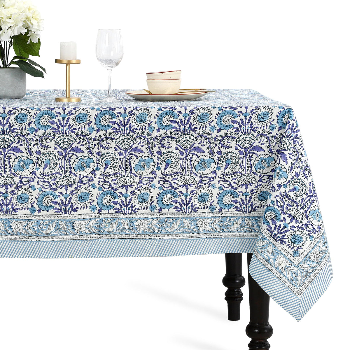 CPC Tablecloth 100% Cotton 70x108 Inch Indian Block Print Rectangle Table Cover, Blue Table Cloth for Weddings, Spring/Summer, Barbeque - Apatite Blue
