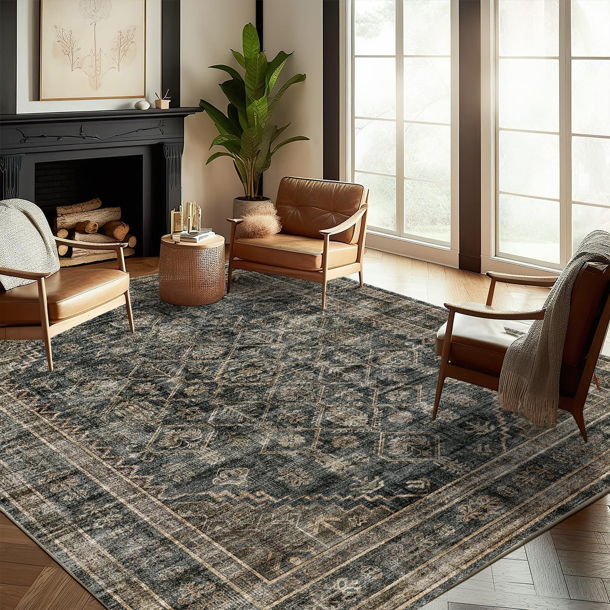 CHAMPLANT 6'x9' Washable Vintage Area Rug Boho Chic Medallion Distressed Design Non-Shedding Easy Care Ideal for High Traffic Areas in Living Room Bedroom Kitchen Office Large Carpet