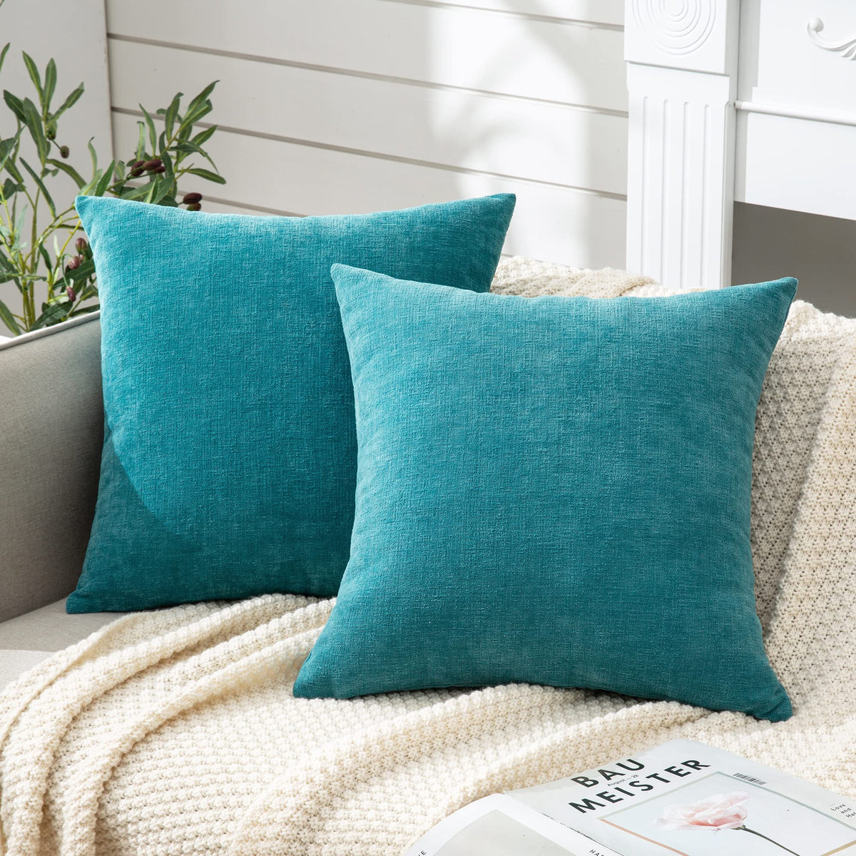 GAWAMAY Decorative Throw Pillow Covers 16x16 Inch Set of 2, Super Soft Chenille Square Pillows Farmhouse Fall Pillowcase for Living Room Bedroom Sofa Couch Cushion Cover Navy Blue 40x40cm