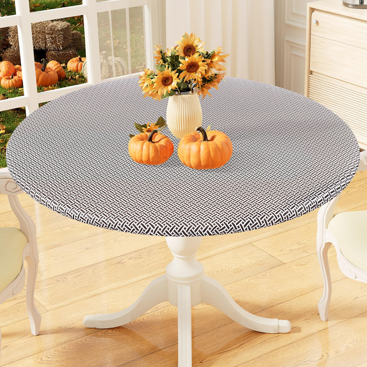 misaya Round Fitted Tablecloth with Elastic Edge, 100% Waterproof Oil Proof Plastic Table Cover, Vinyl Flannel Backed Tablecloth Fits 36"-44" Round Tables for Dinner, Outdoor, Picnic, Flowers