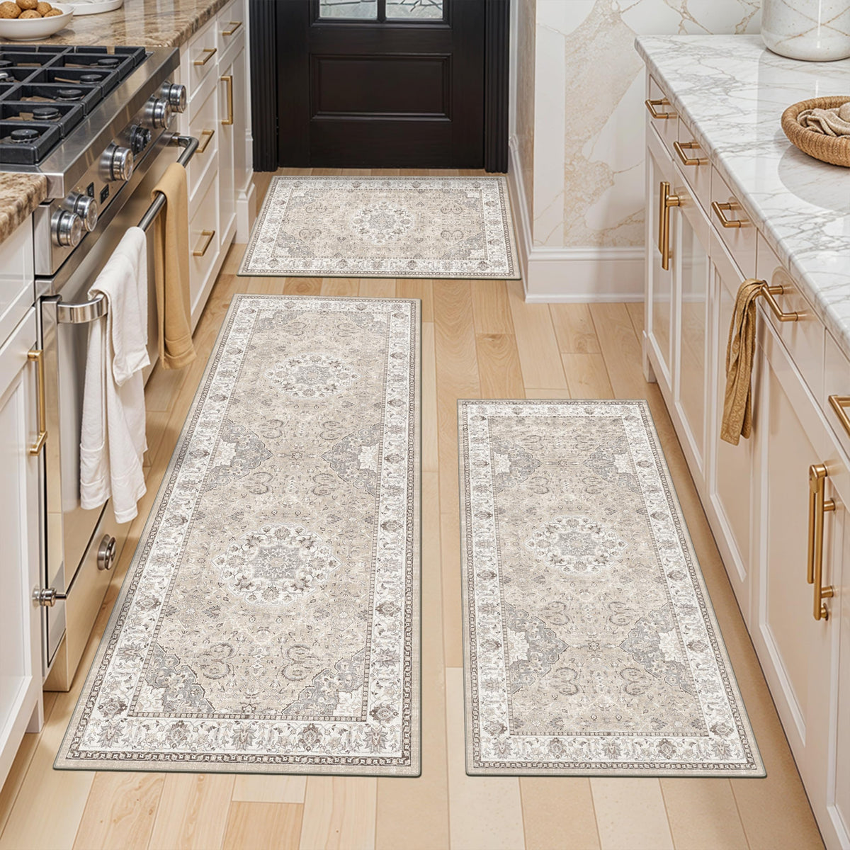 Hallway Washable Runner Rug - 2x10 Kitchen Rugs Entryway Rug Runner Vintage Soft Floor Mat Non Slip Indoor Farmhouse Carpet for Bathroom Living Room Bedroom (2 X 10, Beige)