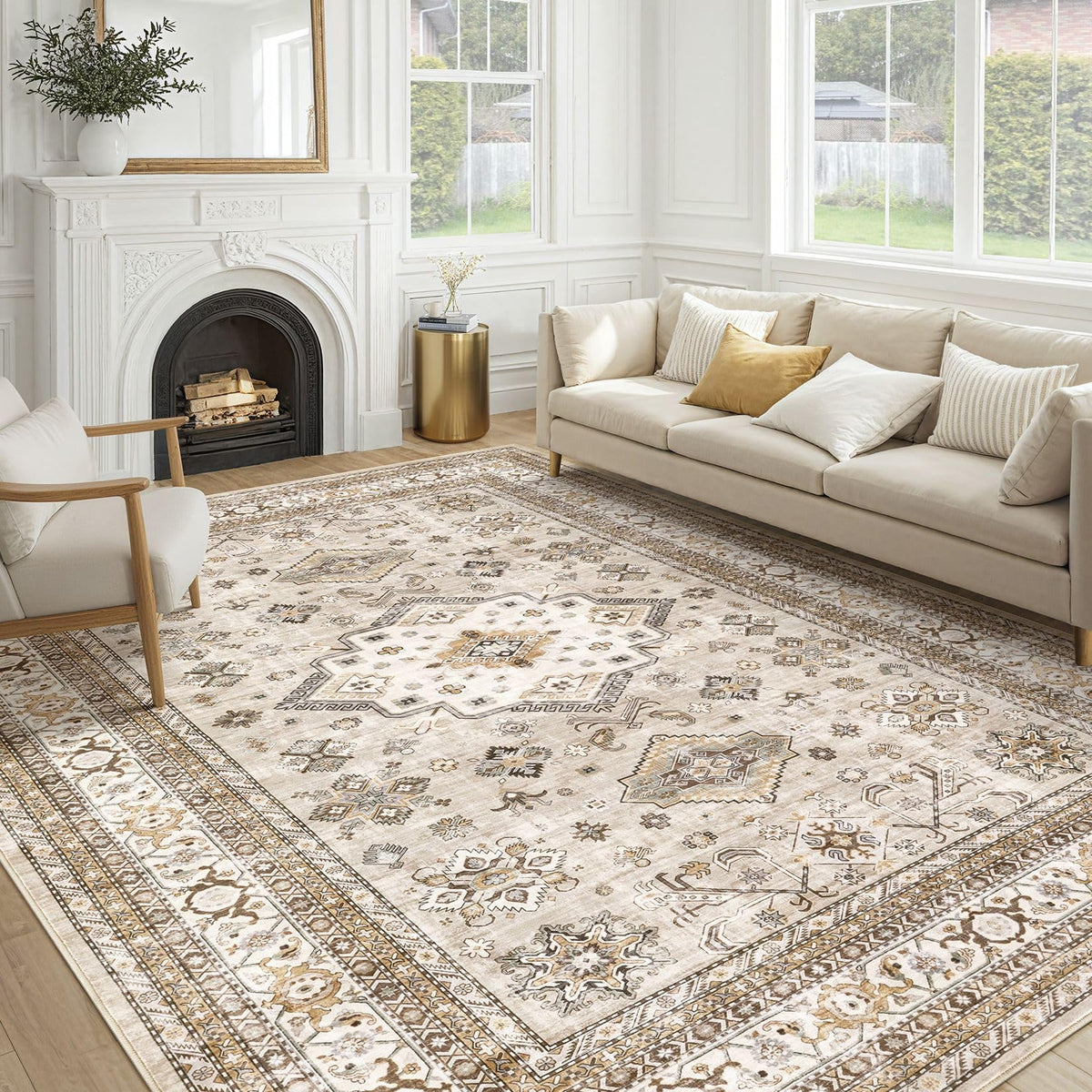 cotiled 5x7 Area Rug for Living Room, Washable, Traditional, Beige