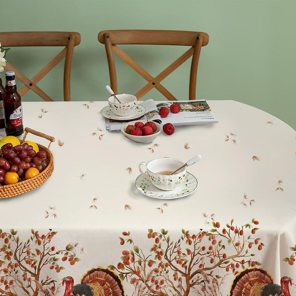 Fall Thanksgiving Double Border Decoration Tablecloth, Turkey & Pumpkin Harvest Tablecloths, Waterproof Table Cover for Dinner Kitchen Party Holiday Decorations Oval 54 x 72 Inch