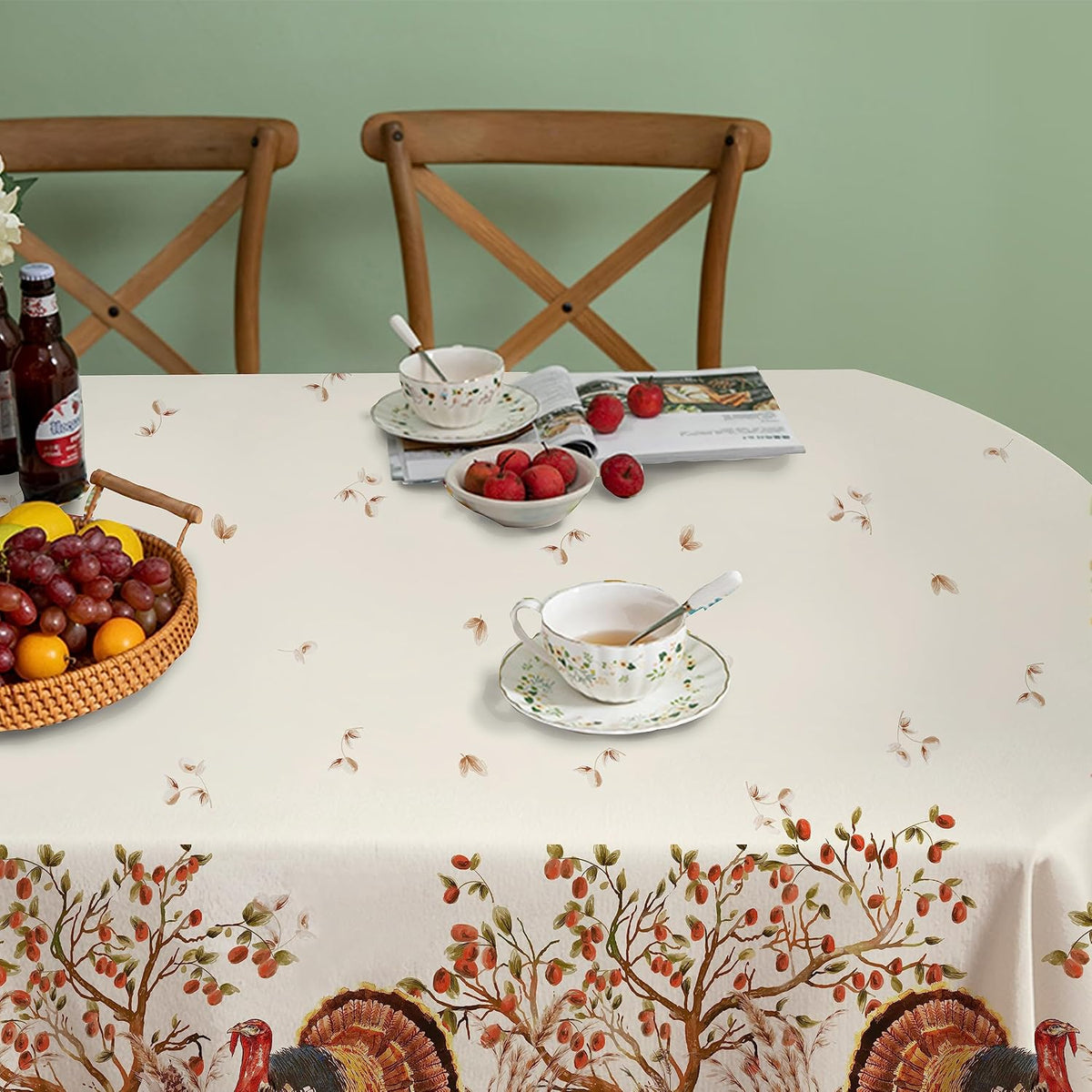 Fall Thanksgiving Double Border Decoration Tablecloth, Turkey & Pumpkin Harvest Tablecloths, Waterproof Table Cover for Dinner Kitchen Party Holiday Decorations Oval 54 x 72 Inch