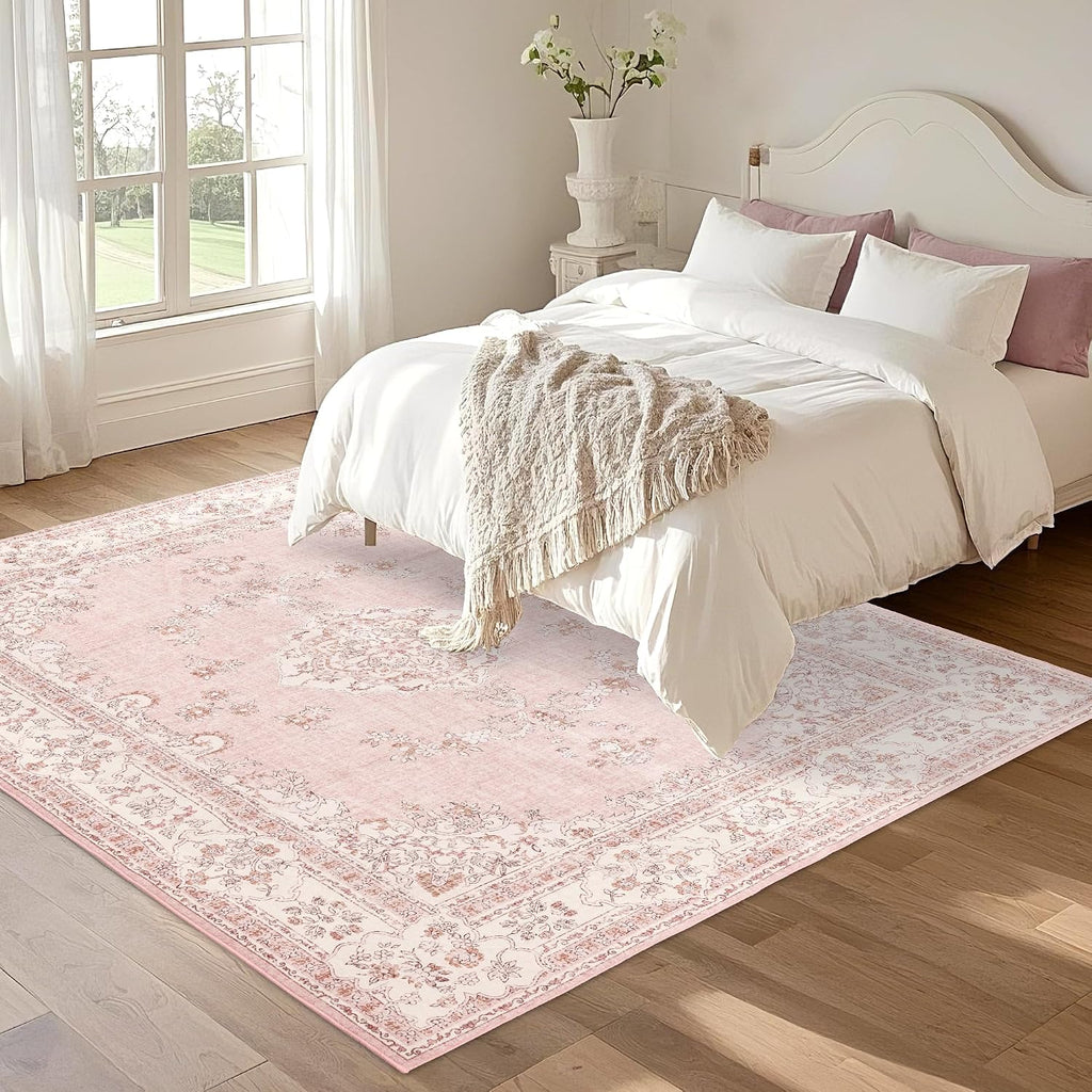 Soft Pink Rug for Girls Room: 5x8 Vintage Washable Carpet Bedroom Nursery