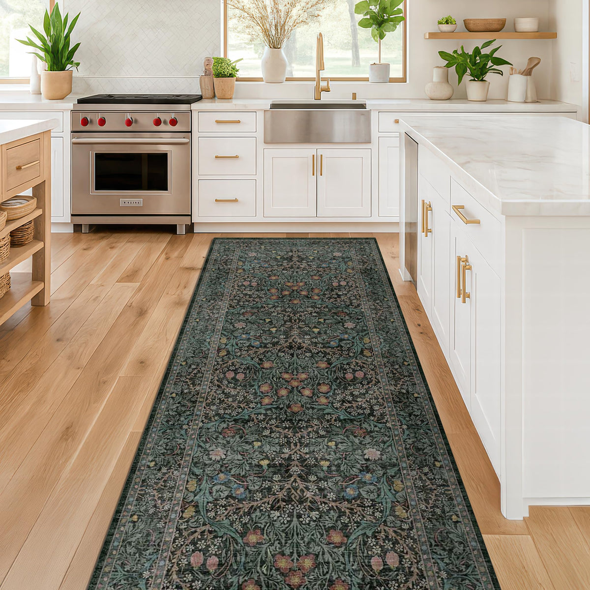 Vintage Floral Dark Green 3x5 Area Rugs for Entryway, Kitchen, Bedroom Beside Rug, Laundry Room, Non-Slip Low Pile Ultra Soft Stain Resistant Small Carpet