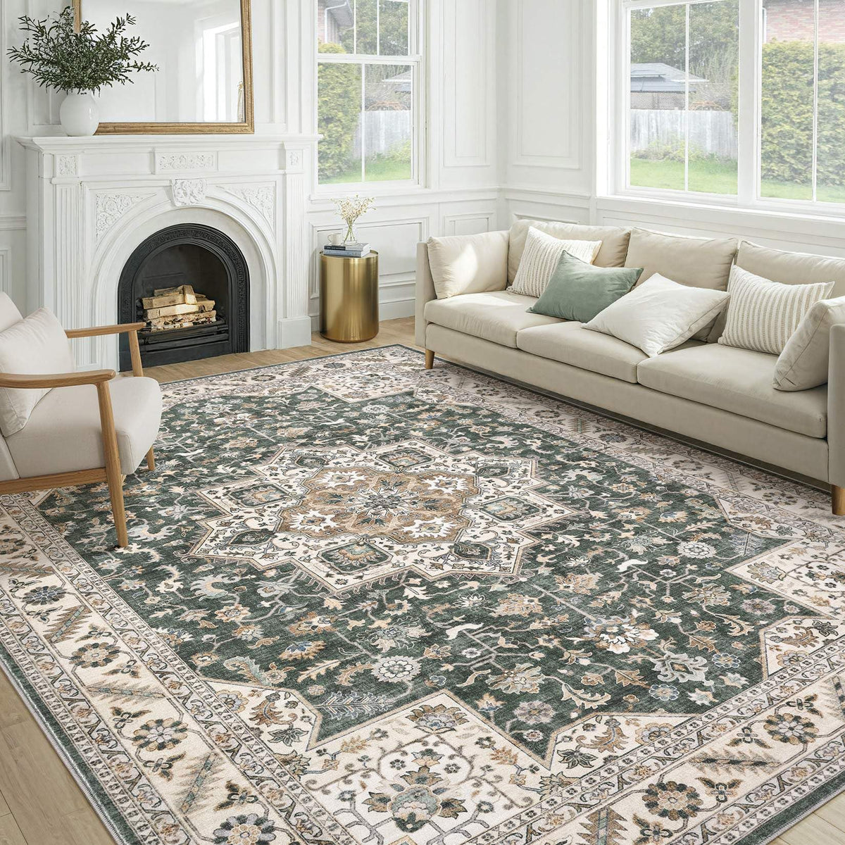 cotiled 5x7 Area Rug for Living Room, Washable, Traditional, Beige