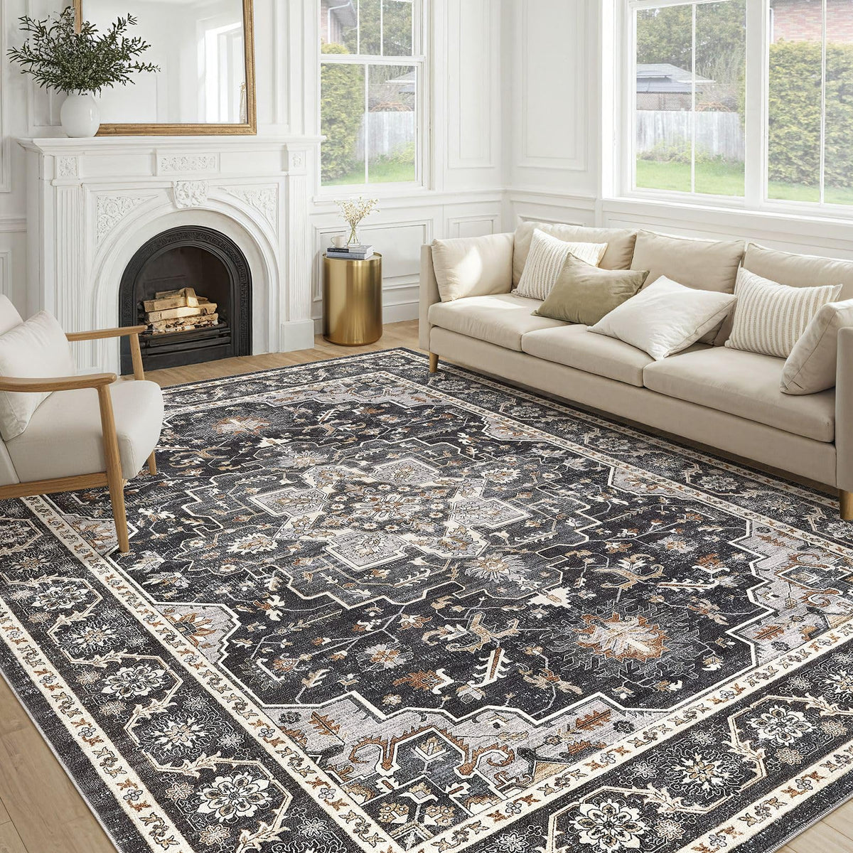 cotiled 5x7 Area Rug for Living Room, Washable, Traditional, Beige