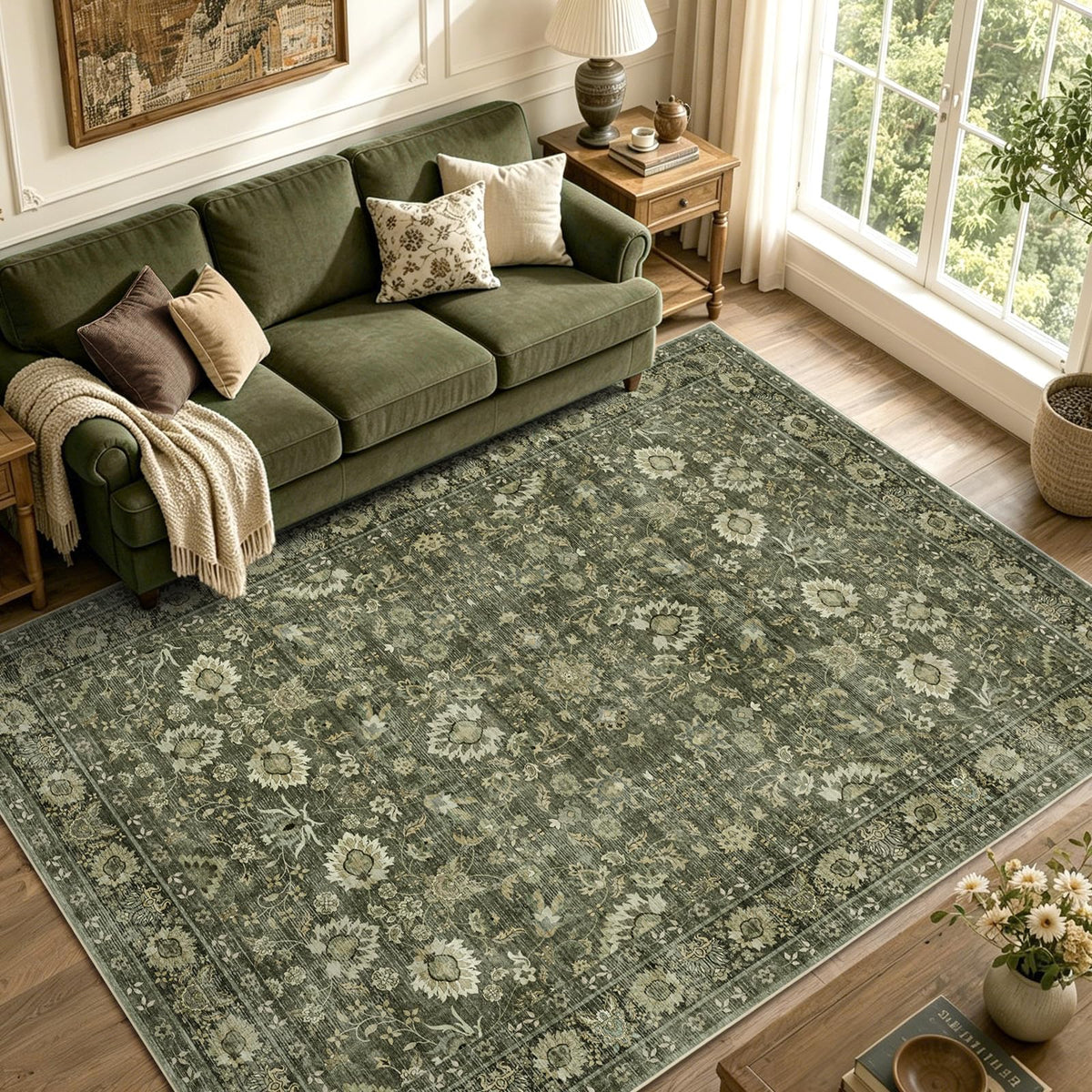 6x9 Ft Large Area Rugs for Living Room, Soft Non-Slip Machine Washable Rug, Vintage Stain Resistant Carpets for Bedroom Nursery Dining Room Home Decor (Beige)