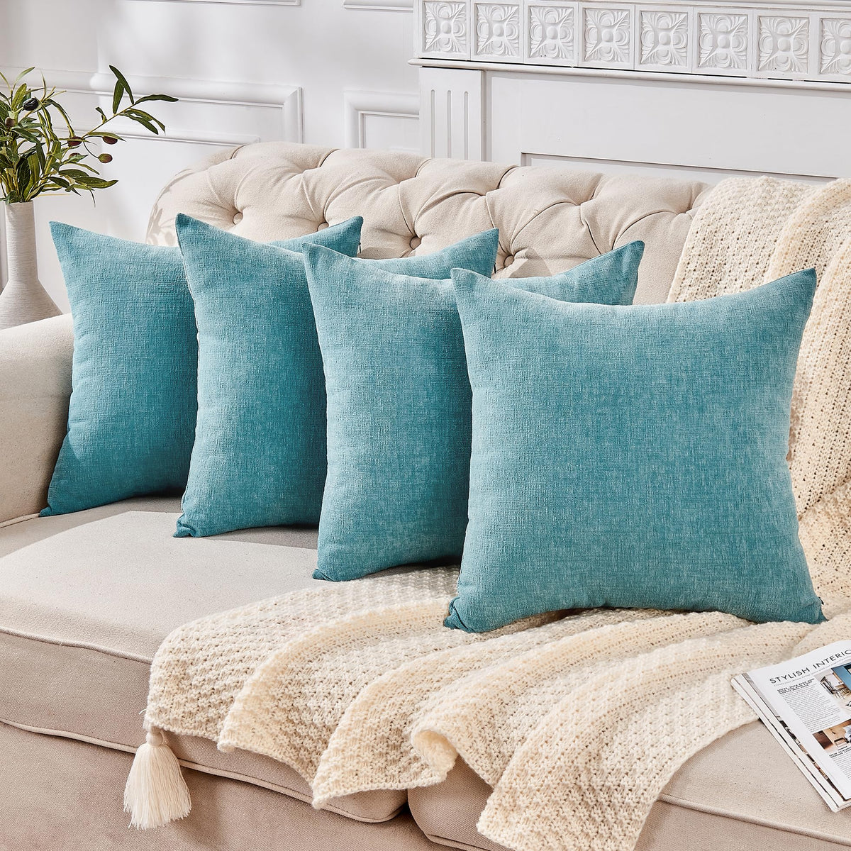 GAWAMAY Decorative Throw Pillow Covers 16x16 Inch Set of 2, Super Soft Chenille Square Pillows Farmhouse Fall Pillowcase for Living Room Bedroom Sofa Couch Cushion Cover Navy Blue 40x40cm