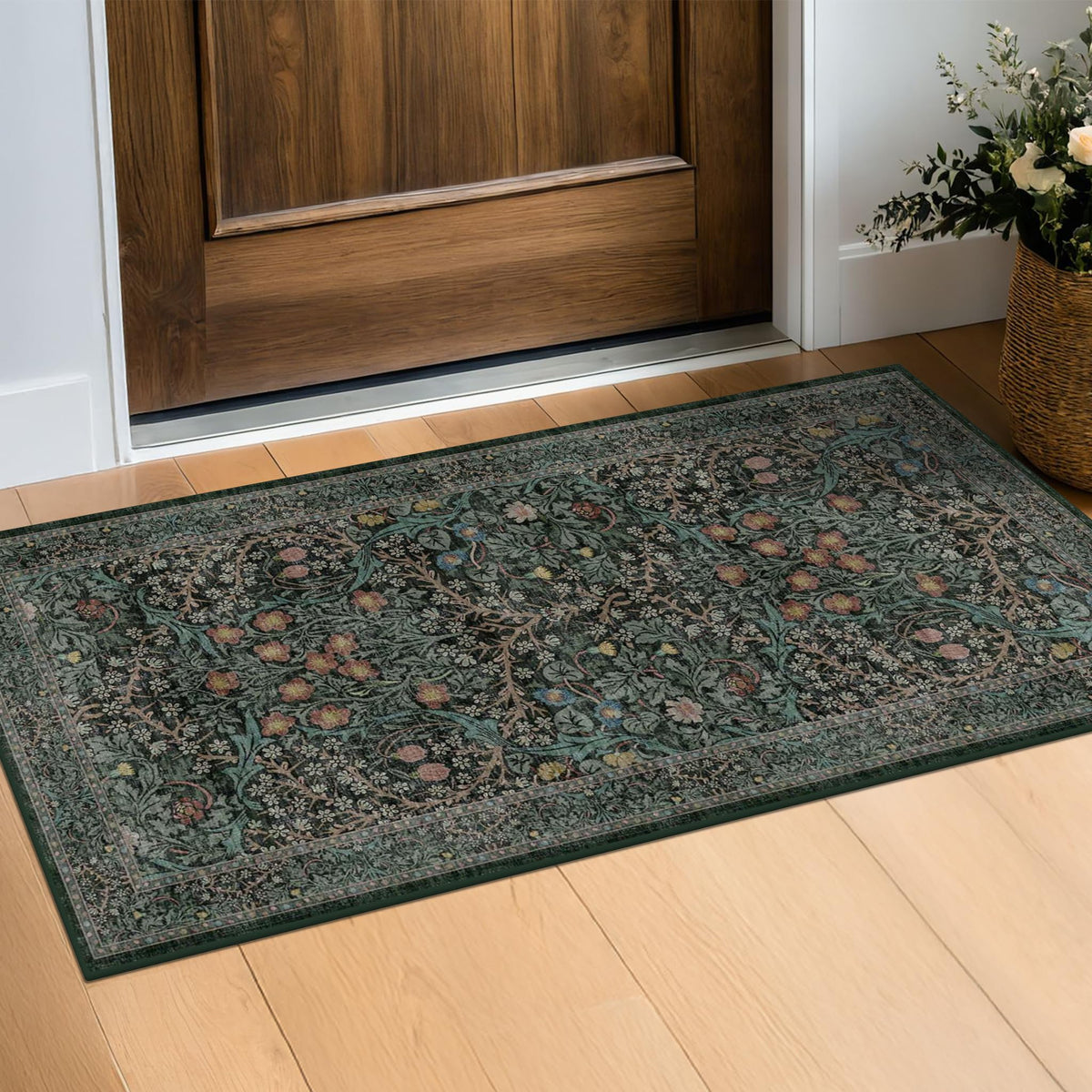 Vintage Floral Dark Green 3x5 Area Rugs for Entryway, Kitchen, Bedroom Beside Rug, Laundry Room, Non-Slip Low Pile Ultra Soft Stain Resistant Small Carpet