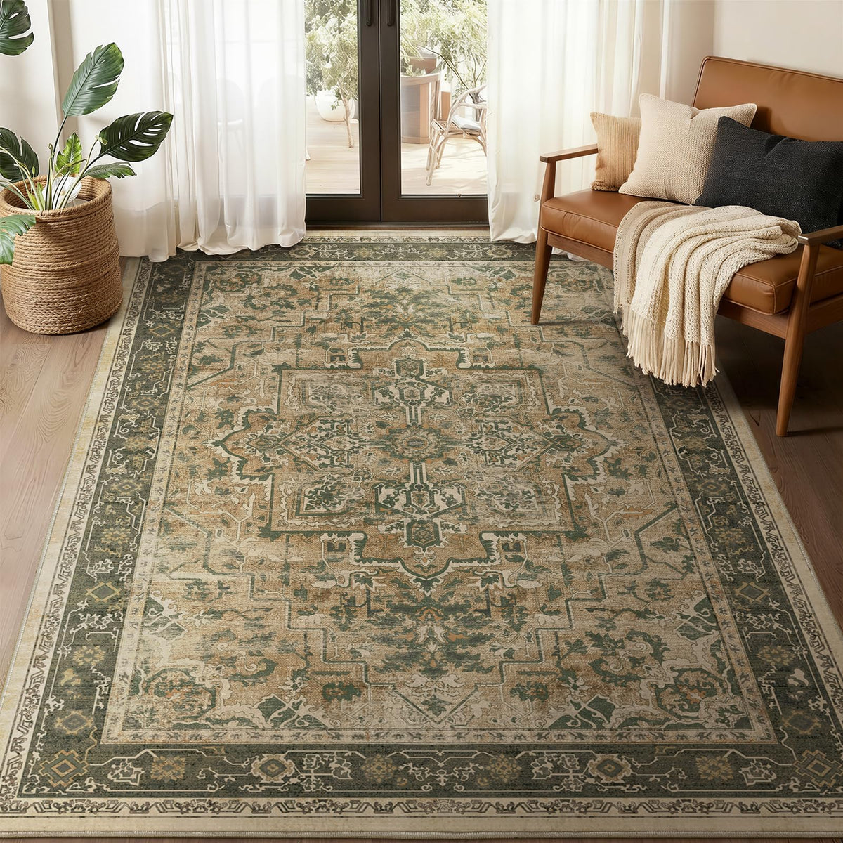 Vintage Dark Green Area Rugs 5x7 for Living Room, Tranditional Distressed Medallion Printed Low Pile Thin Rugs for Bedroom, Non Slip Washable Carpet Rugs for Dining Room/Kitchen/Home Office