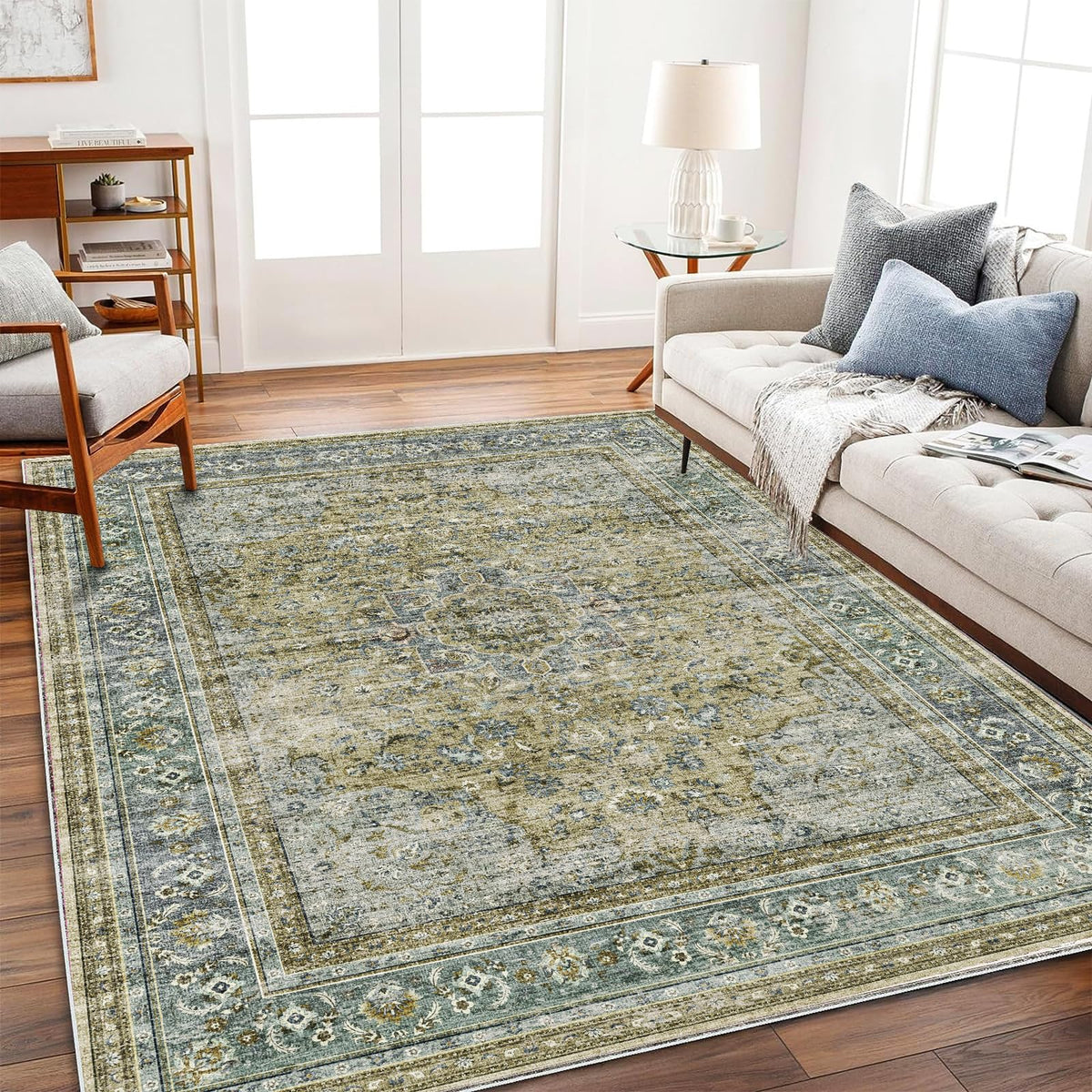 CHAMPLANT 6'x9' Washable Vintage Area Rug Boho Chic Medallion Distressed Design Non-Shedding Easy Care Ideal for High Traffic Areas in Living Room Bedroom Kitchen Office Large Carpet
