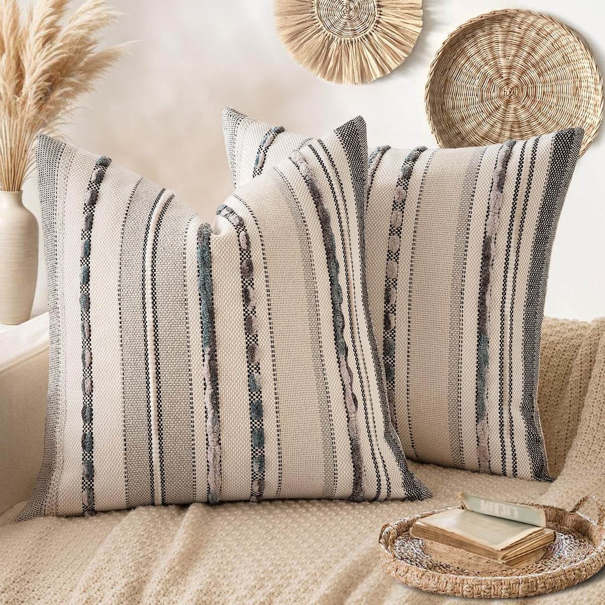 ANRODUO Boho Decorative Pillow Covers Olive Green Stripe 18x18 Pack of 2