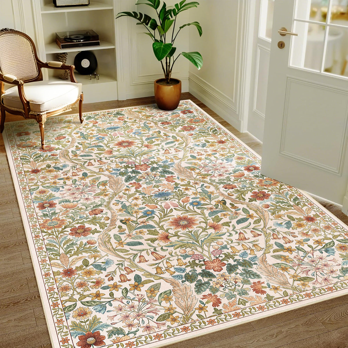 Floral Area Rug 5x7 Botanical Washable Carpet for Living Room