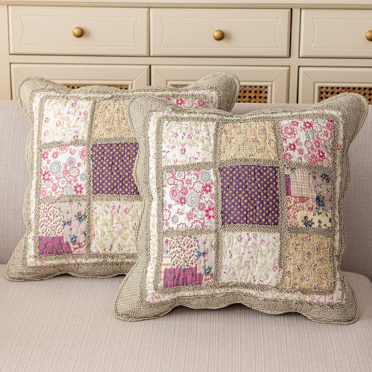 vctops Set of 2 Quilted 100% Cotton Boho Throw Pillow Covers 18" x 18" Farmhouse Country Floral Patchwork Decorative Cushion Cover, Patchwork Flower M