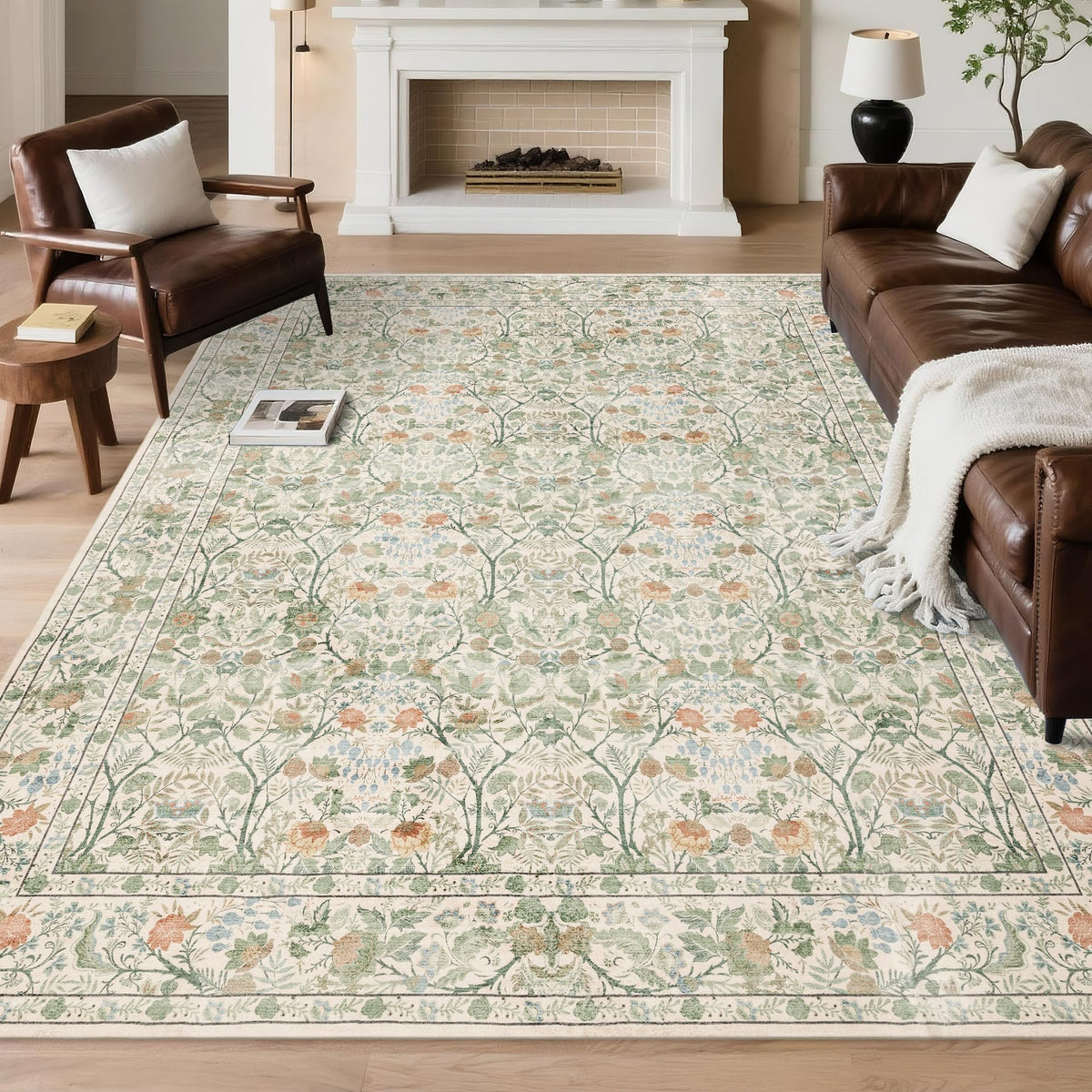 Vintage Botanical Area Rug 8x10: Floral Carpet Non-Slip - Dark Green
