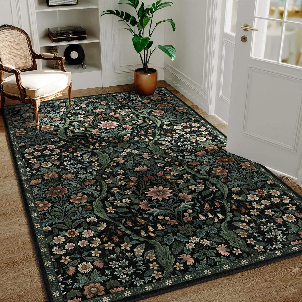 Floral Area Rug 5x7 Botanical Washable Carpet for Living Room