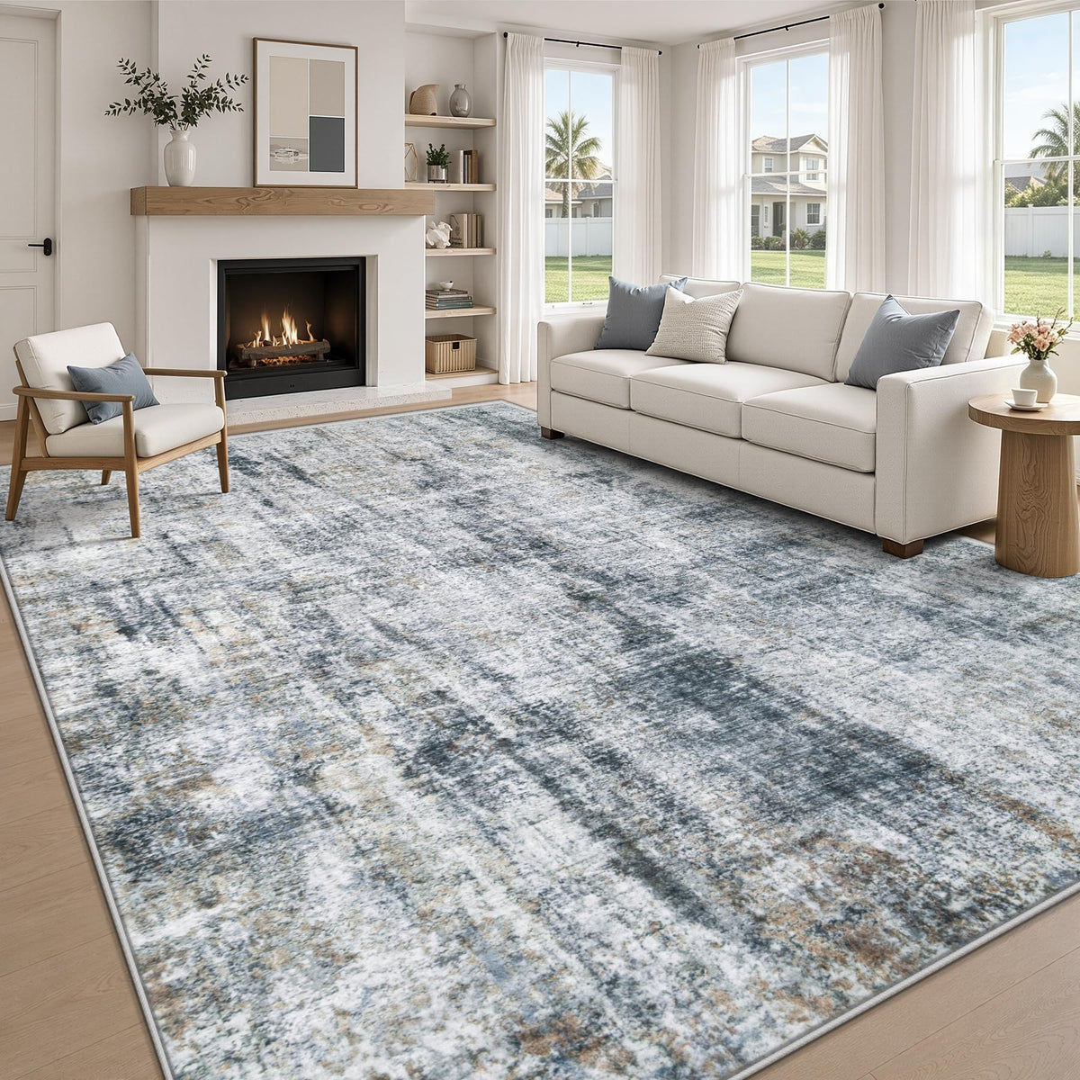 MXSANYOO 8x10 Area Rugs Washable Rug: Abstract Neutral Rugs Modern Non Slip Area Rug Stain Resistant Low Pile Indoor Carpet for Dining Room Bedroom Nursery Office (Multi Blue, 8'x10')