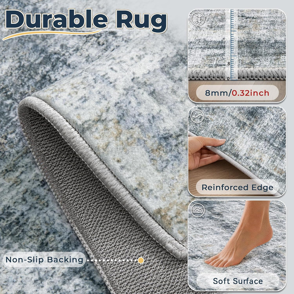 MXSANYOO 8x10 Area Rugs Washable Rug: Abstract Neutral Rugs Modern Non Slip Area Rug Stain Resistant Low Pile Indoor Carpet for Dining Room Bedroom Nursery Office (Multi Blue, 8'x10')
