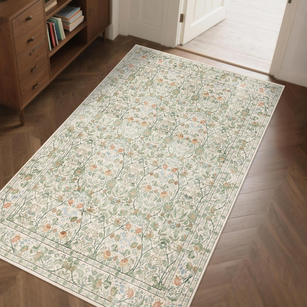 Vintage Botanical Area Rug 8x10: Floral Carpet Non-Slip - Dark Green