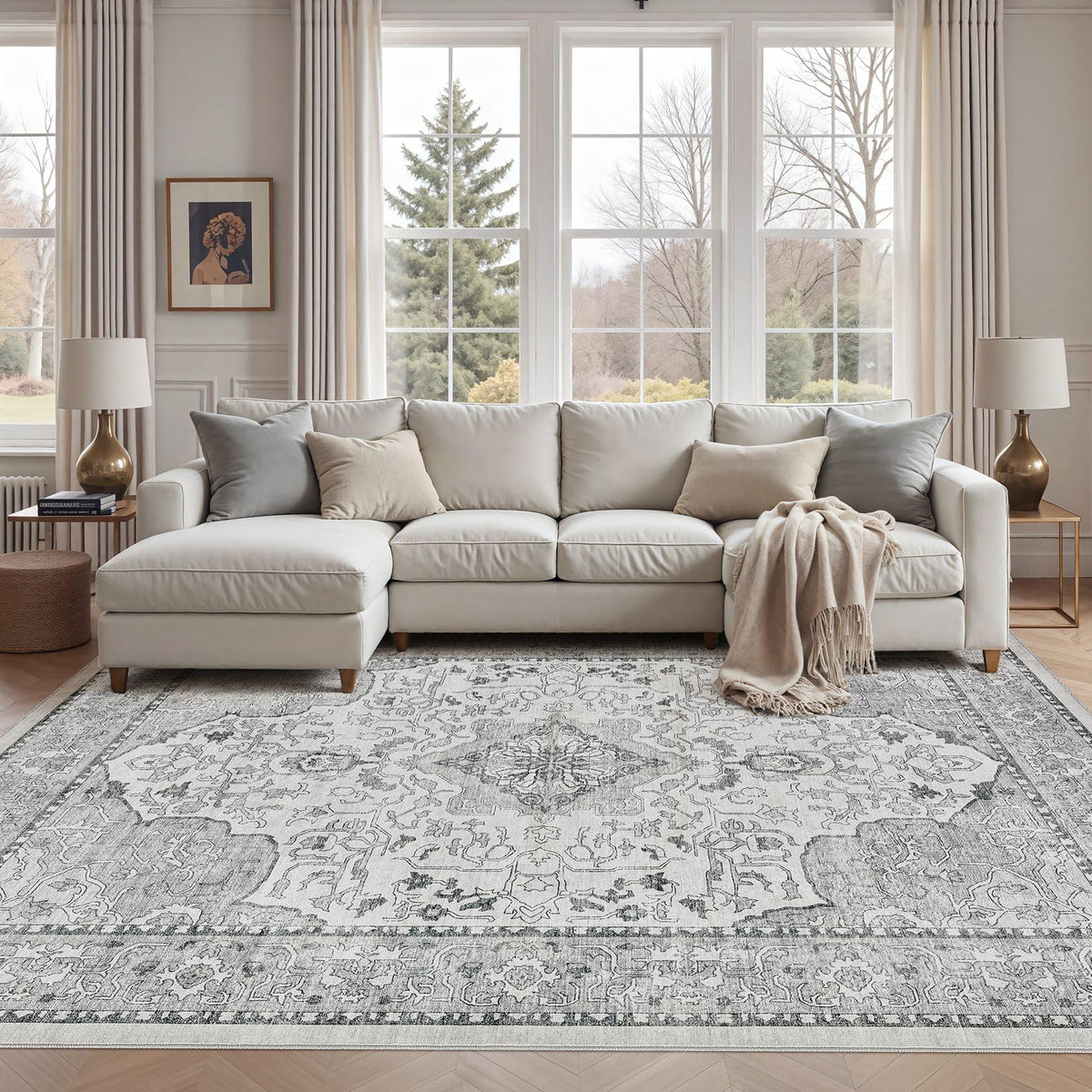 cotiled 5x7 Area Rug for Living Room, Washable, Traditional, Beige