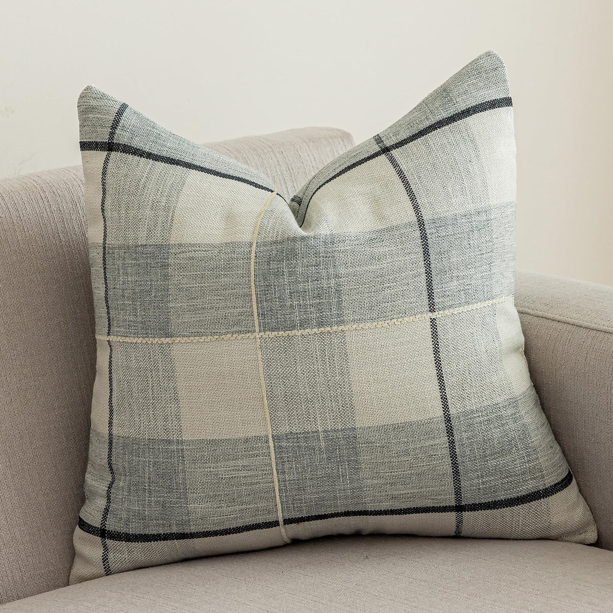 vctops Rustic Lattice Cotton Linen Decorative Throw Pillow Cover Embroidery Square Cushion Cover Pillowcase for Sofa Bedroom Couch (Plaid Coffee,18"x18")