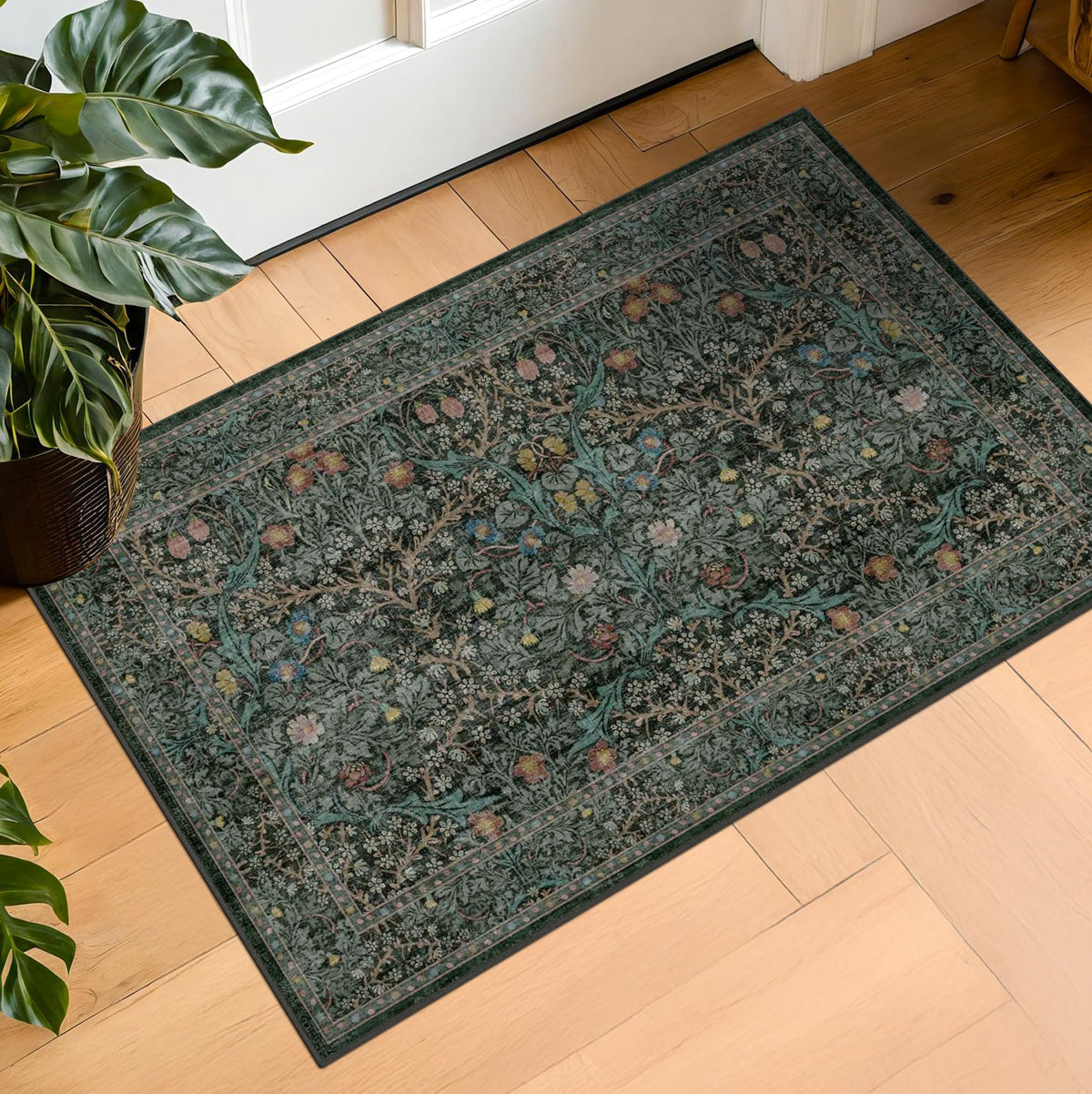 Vintage Floral Dark Green 3x5 Area Rugs for Entryway, Kitchen, Bedroom Beside Rug, Laundry Room, Non-Slip Low Pile Ultra Soft Stain Resistant Small Carpet