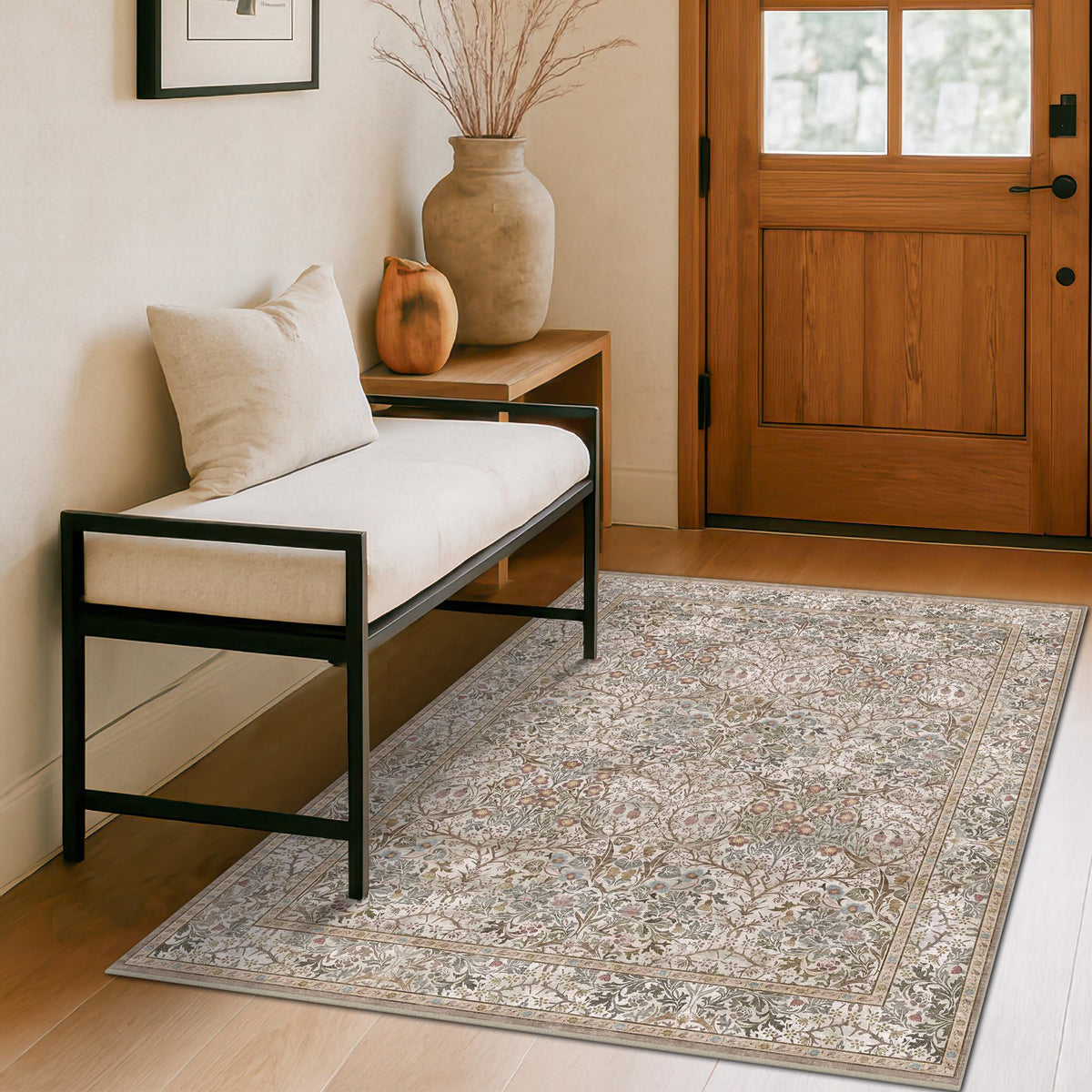 Vintage Floral Dark Green 3x5 Area Rugs for Entryway, Kitchen, Bedroom Beside Rug, Laundry Room, Non-Slip Low Pile Ultra Soft Stain Resistant Small Carpet