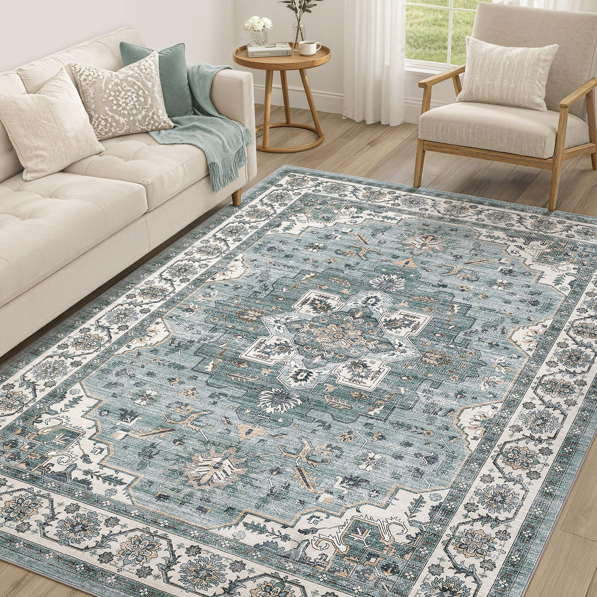 cotiled 5x7 Area Rug for Living Room, Washable, Traditional, Beige