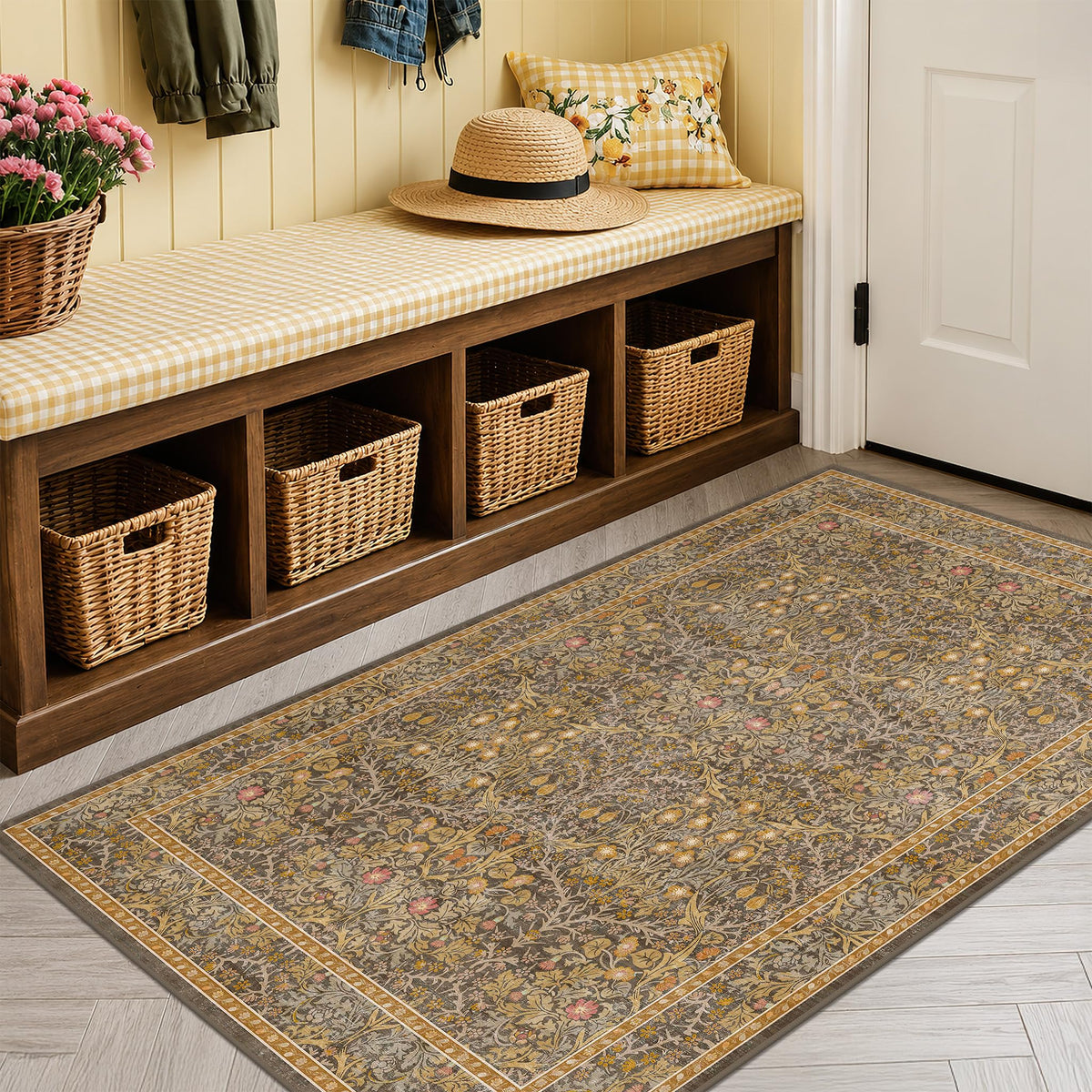 Vintage Floral Dark Green 3x5 Area Rugs for Entryway, Kitchen, Bedroom Beside Rug, Laundry Room, Non-Slip Low Pile Ultra Soft Stain Resistant Small Carpet