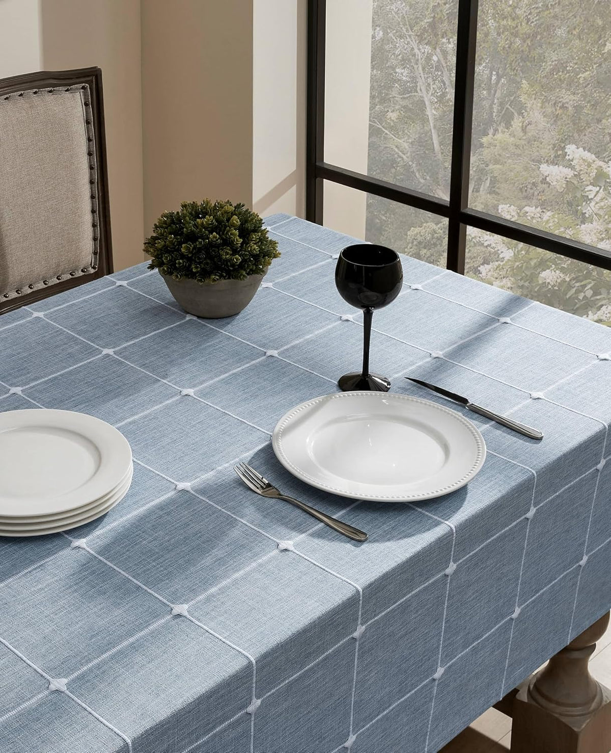 ZeeMart Grid Embroidered Rectangle Hemmed Tablecloths 60x120in, Blue