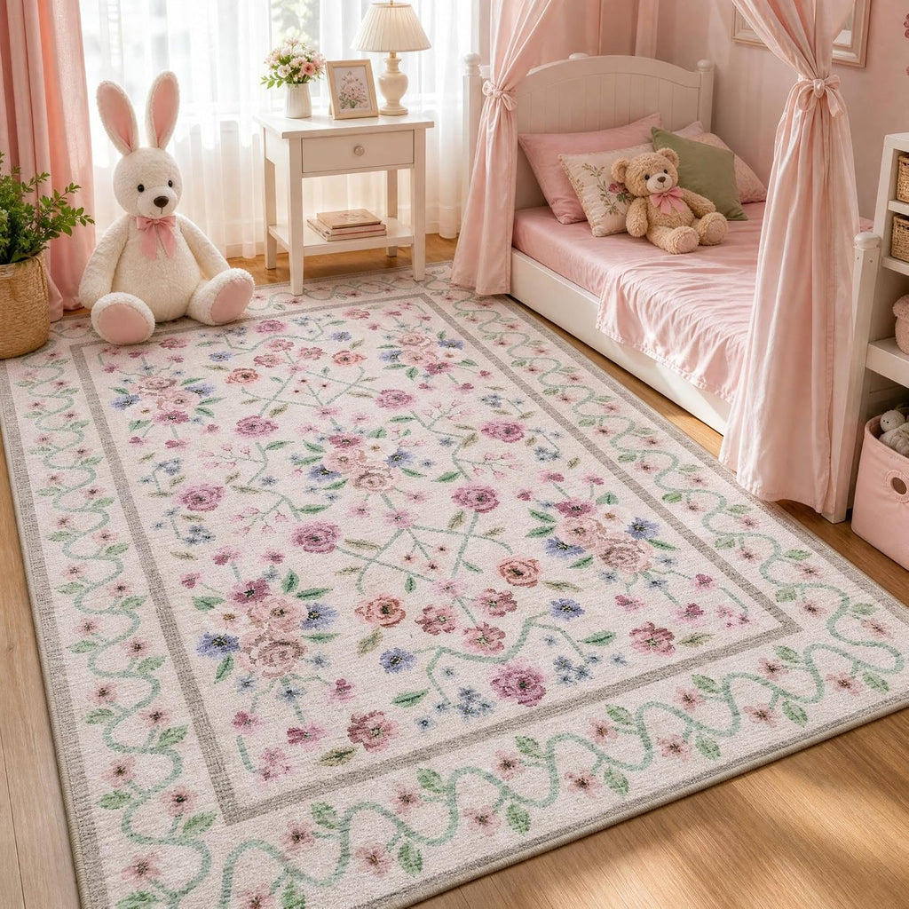 Garvee Beige Floral 5x7 Area Rug for Bedroom Living Room