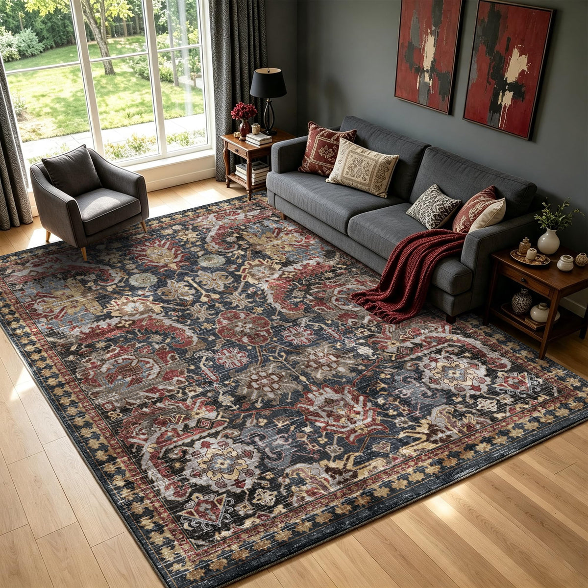 RUGSURE Washable Area Rugs - Perfect for Living Room, Bedroom, Kids Room, Nursery - Stain & Water Resistant Non-Slip, Pet & Child Friendly, Vintage Tribal Area Rugs (Green, 5' x 7')