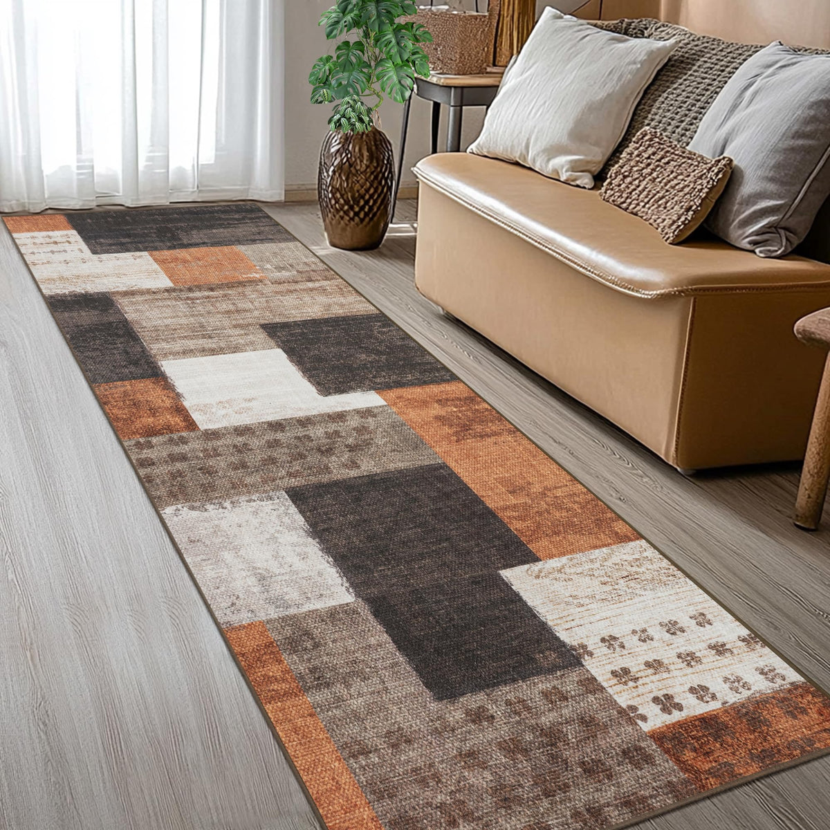 Modern Geometric Patchwork Indoor Area Rug for Living Room, Chocolate 5'x 7' Large Rug Rockwood Collection Hardwood Floors Decor for Bedroom, Brown Throw Carpet for Office Entryway Dining Room